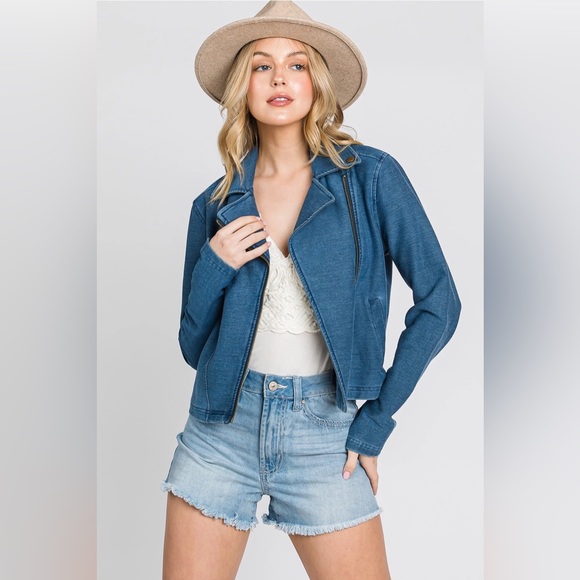 Knit Denim Biker Moto Jacket in Blue - Picture 9 of 10